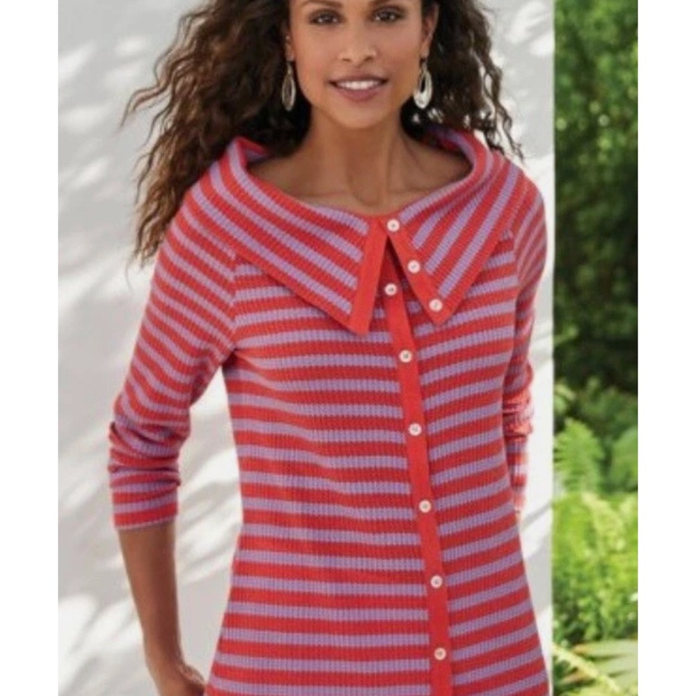 Soft Surroundings Serene Sweater Womens 1X Red Purple Stripe‎ Waffle Cozy Travel